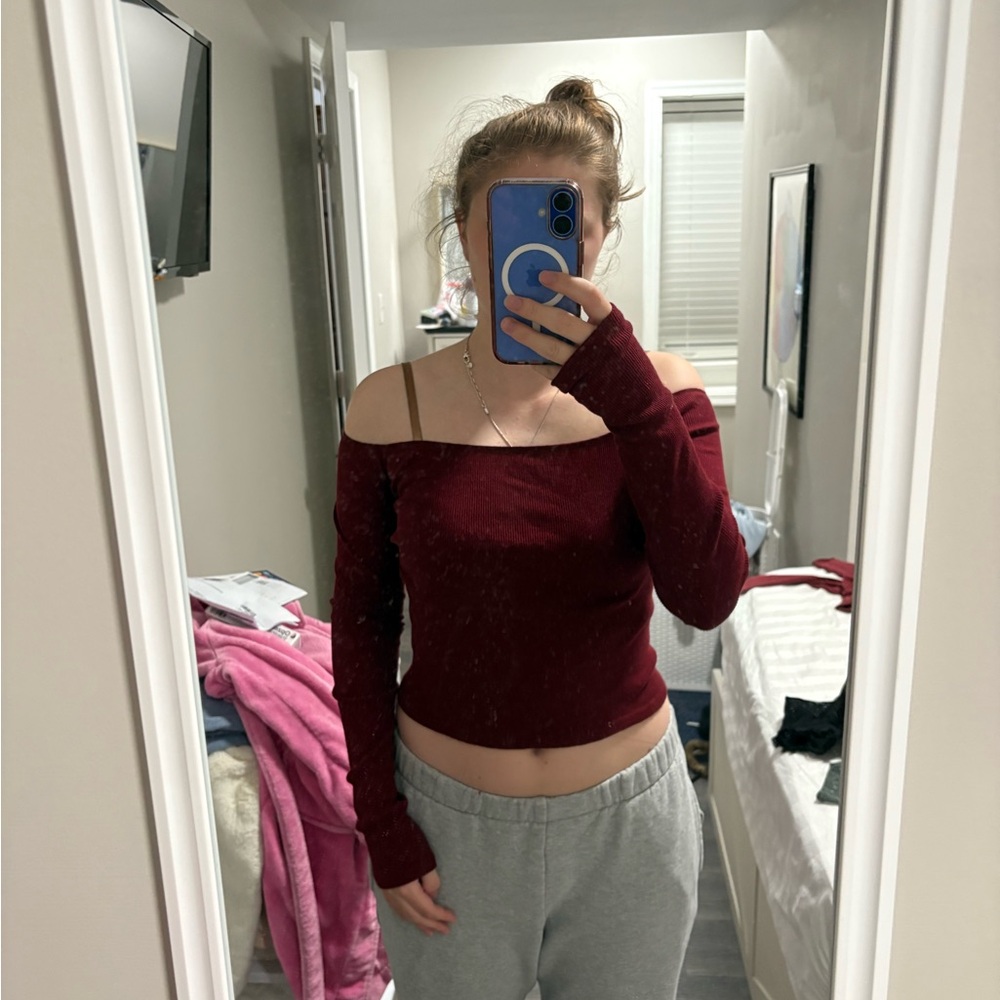Brandy Melville Women's Off-Shoulder Long Sleeve Top in Burgundy
